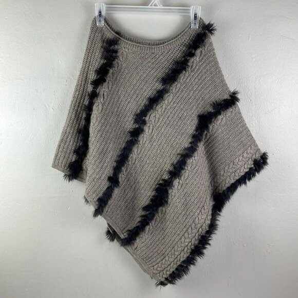 Vtg Cache Shawl Cable Knit Faux Fur Taupe Wool Angora Size XS/S poncho - Picture 10 of 12
